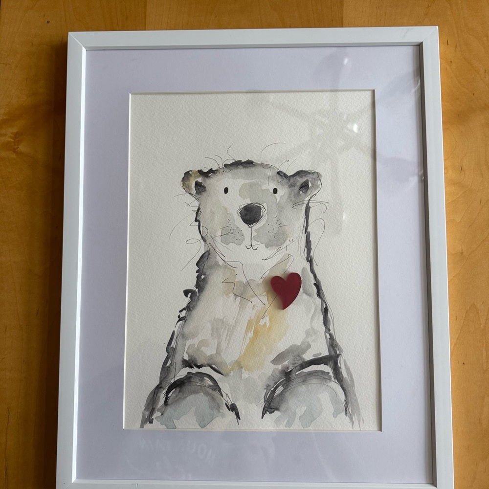 New watercolor Pokar  Bear Art  with glass Heart Accent